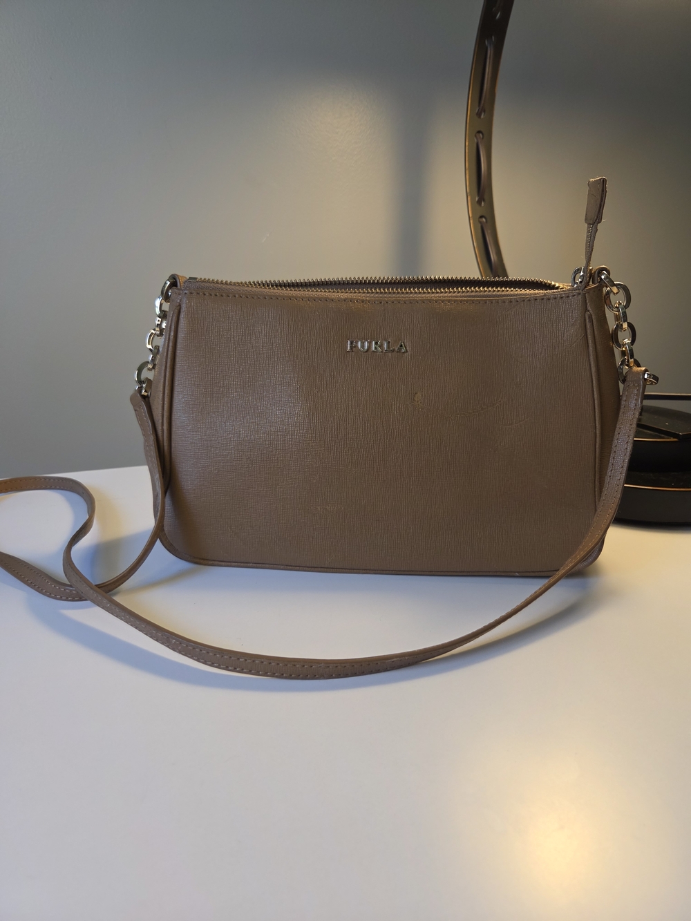 Furla Brown Taupe Crossbody Bag with Gold Hardware